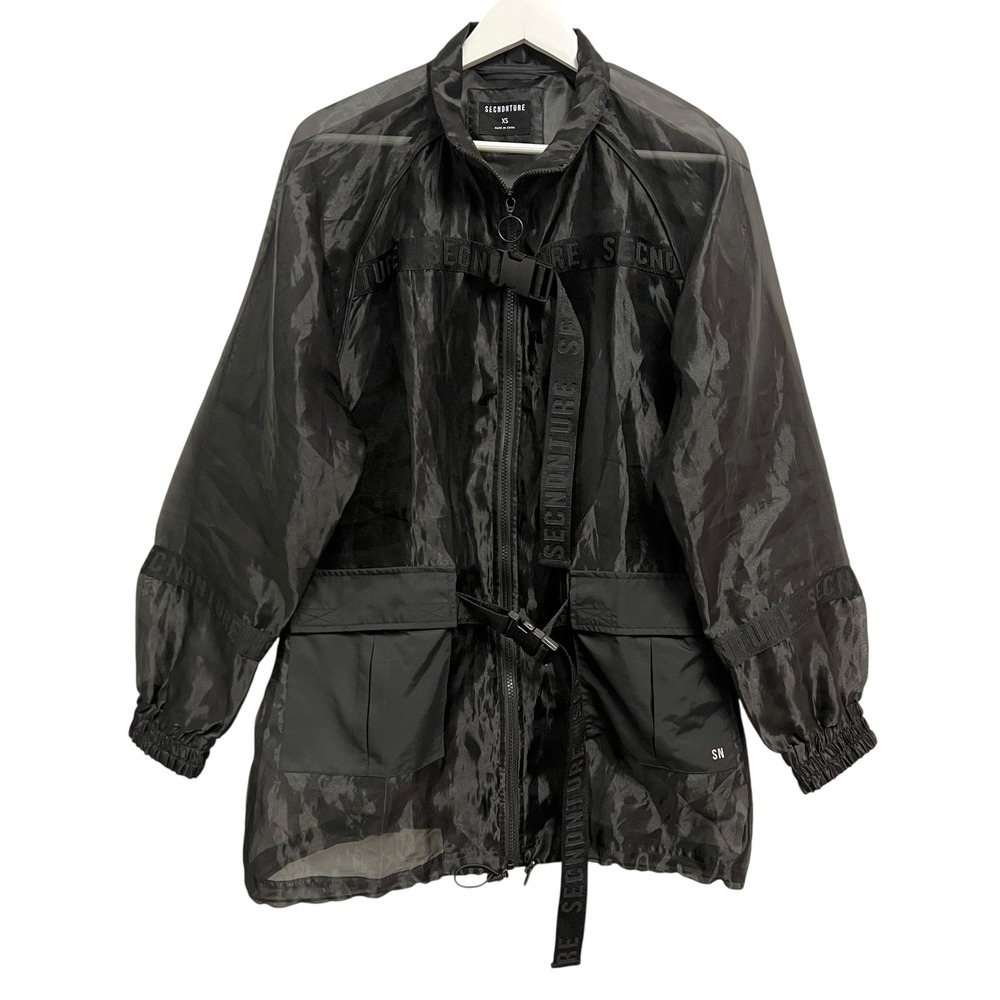 SECNDNTURE Jacket Womens XS Black Sheer Belted Windbreaker Full Zip Pockets